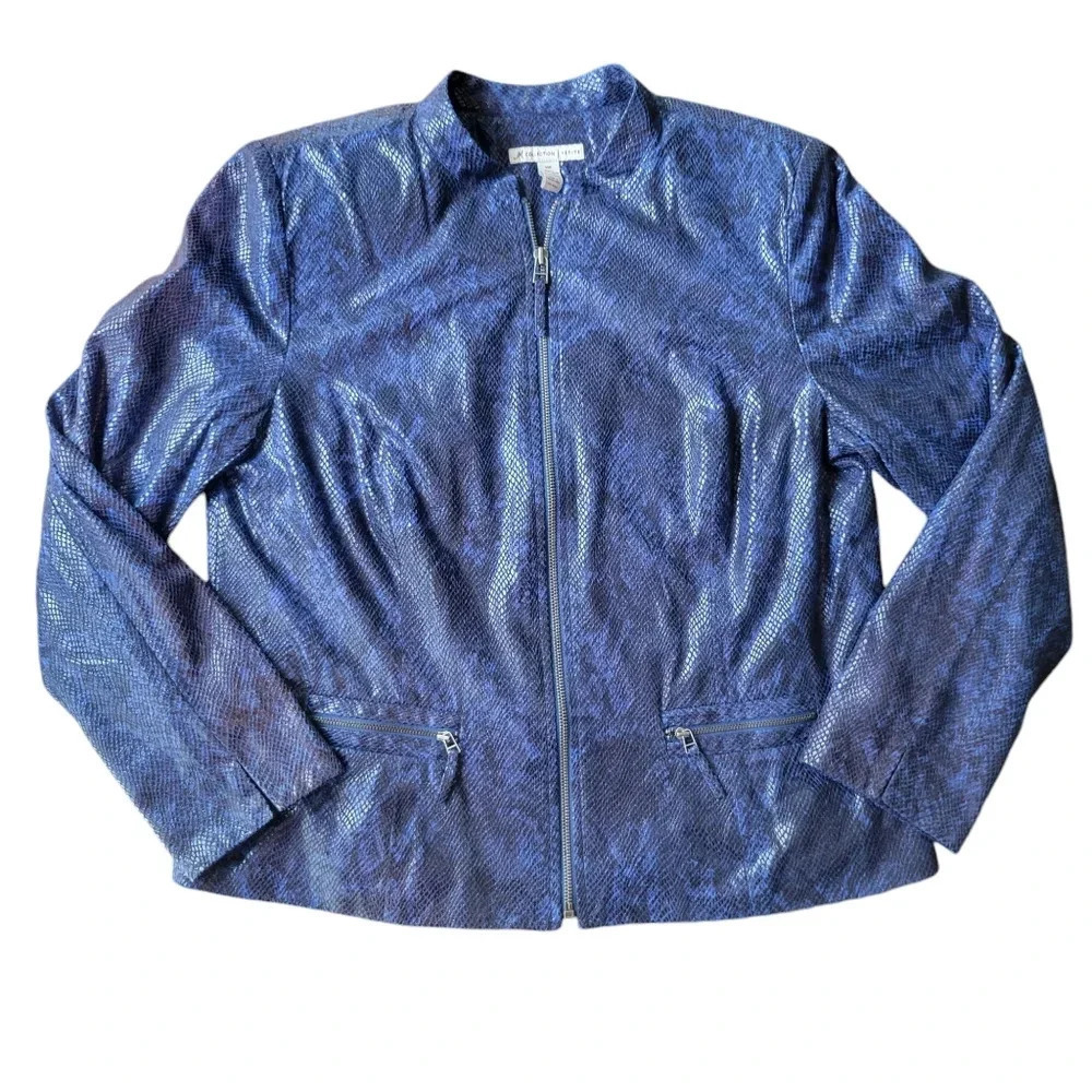 JM Collection Blue Faux Snakeskin Bomber Jacket, Women Size 14P